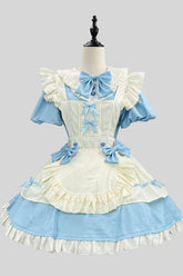 ブルー/ホワイト ショートスリーブ フリル ボウノット レース プラスサイズ スイートメイド ショートロリータドレス